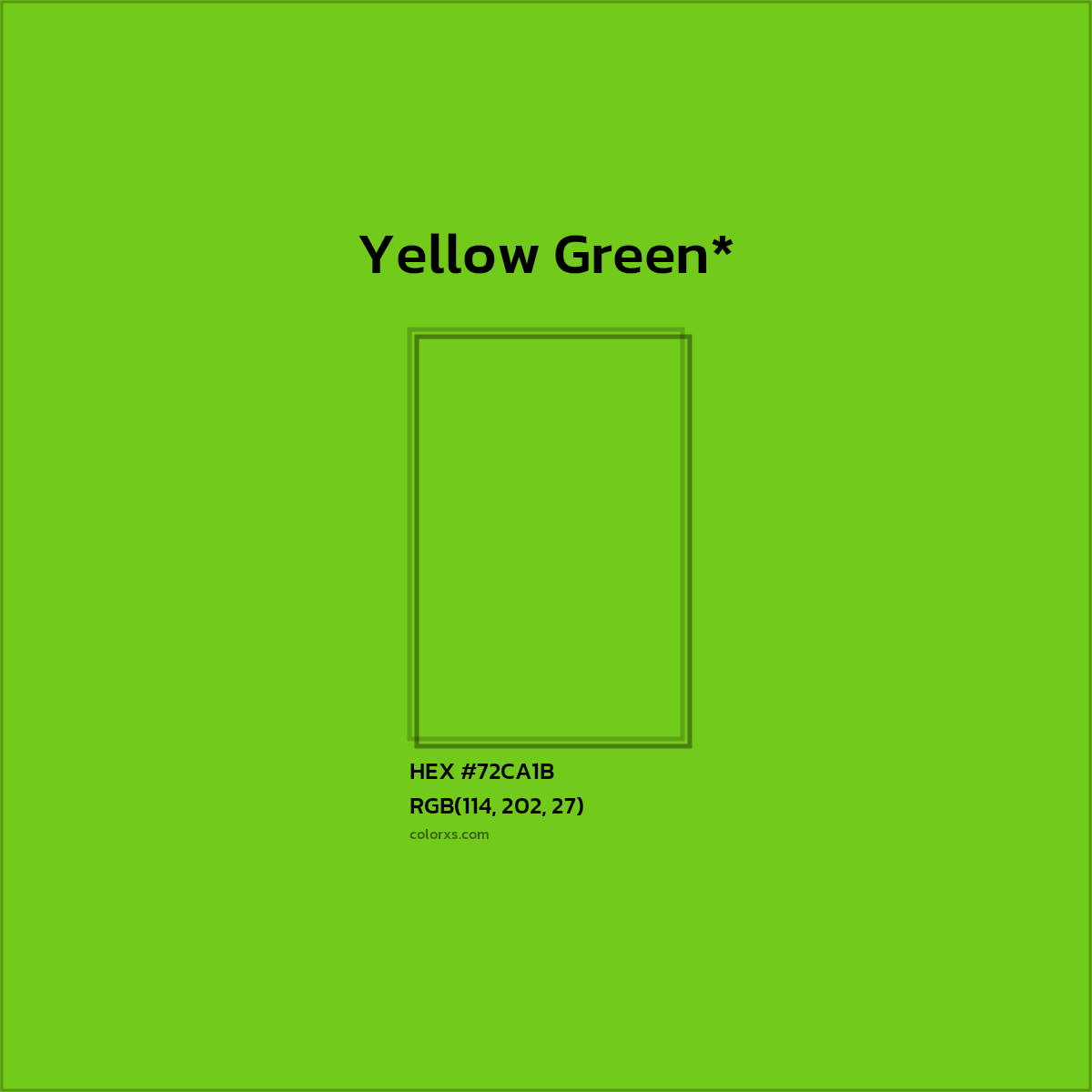 #72CA1B hex color. RGB, RYB, CMYK, HSL, HSV codes and color conversions. Matching color names, palettes, paints.