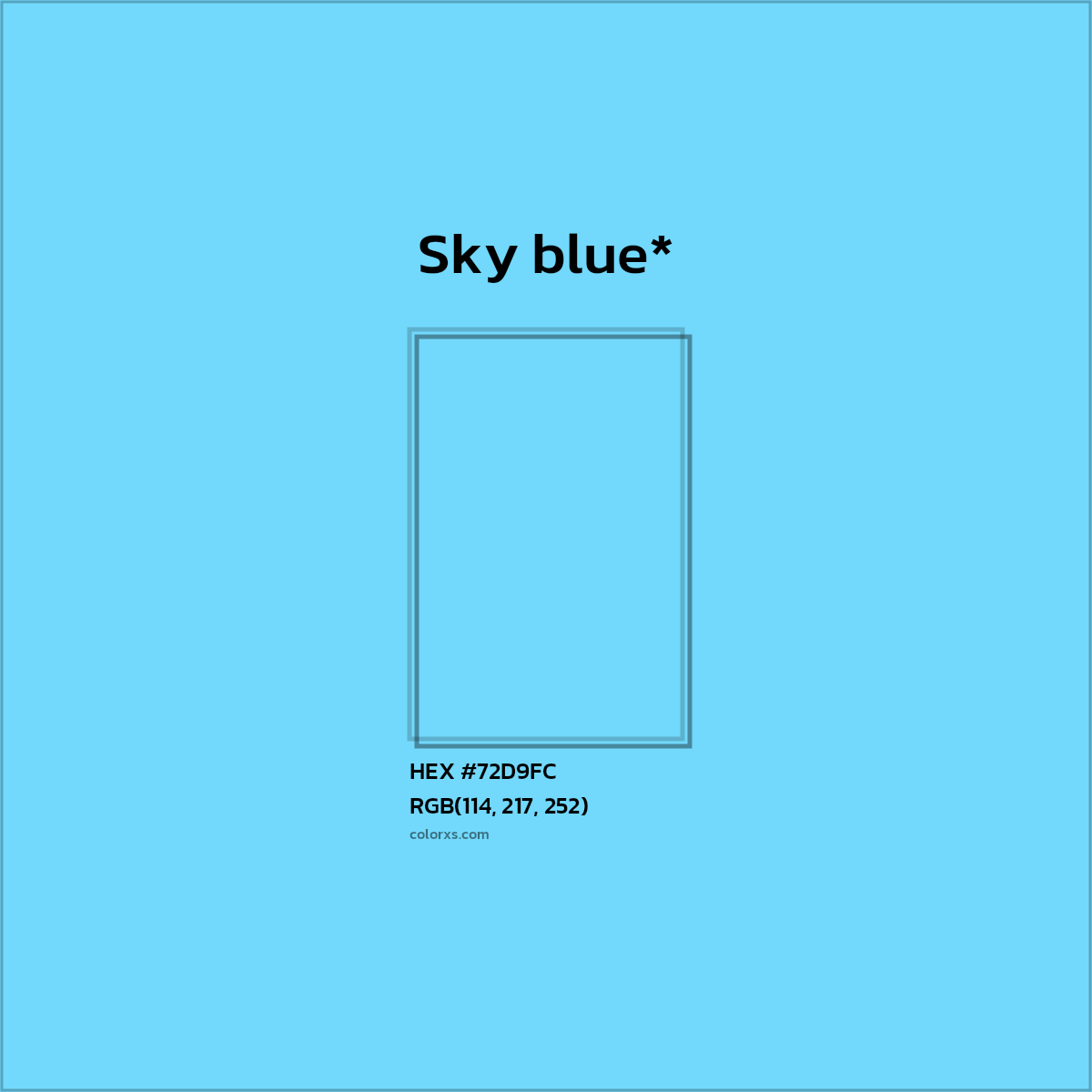 #72D9FC hex color. RGB, RYB, CMYK, HSL, HSV codes and color conversions. Matching color names, palettes, paints.