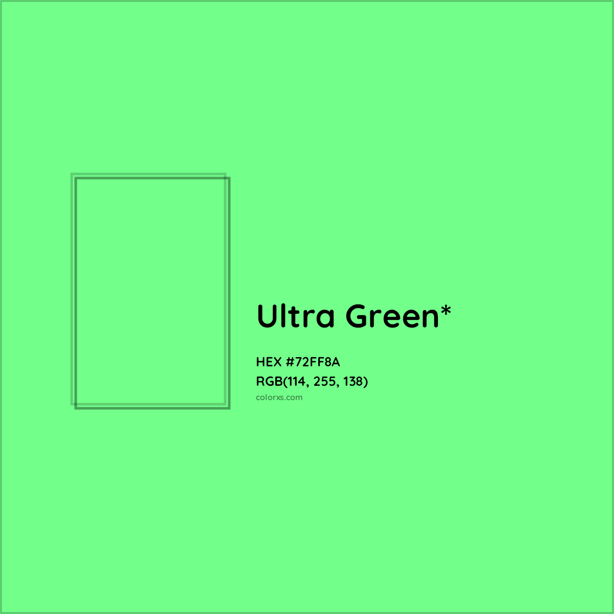 #72FF8A hex color. RGB, RYB, CMYK, HSL, HSV codes and color conversions. Matching color names, palettes, paints.