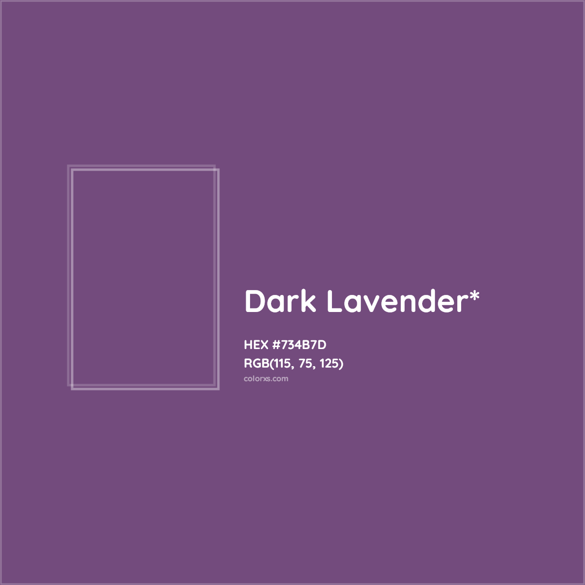 #734B7D hex color. RGB, RYB, CMYK, HSL, HSV codes and color conversions. Matching color names, palettes, paints.