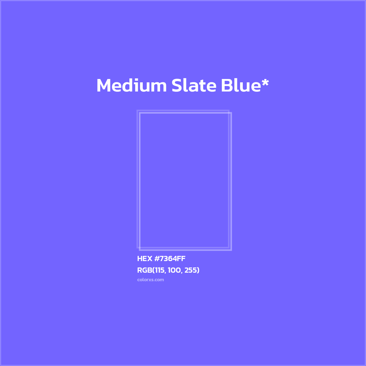 #7364FF hex color. RGB, RYB, CMYK, HSL, HSV codes and color conversions. Matching color names, palettes, paints.