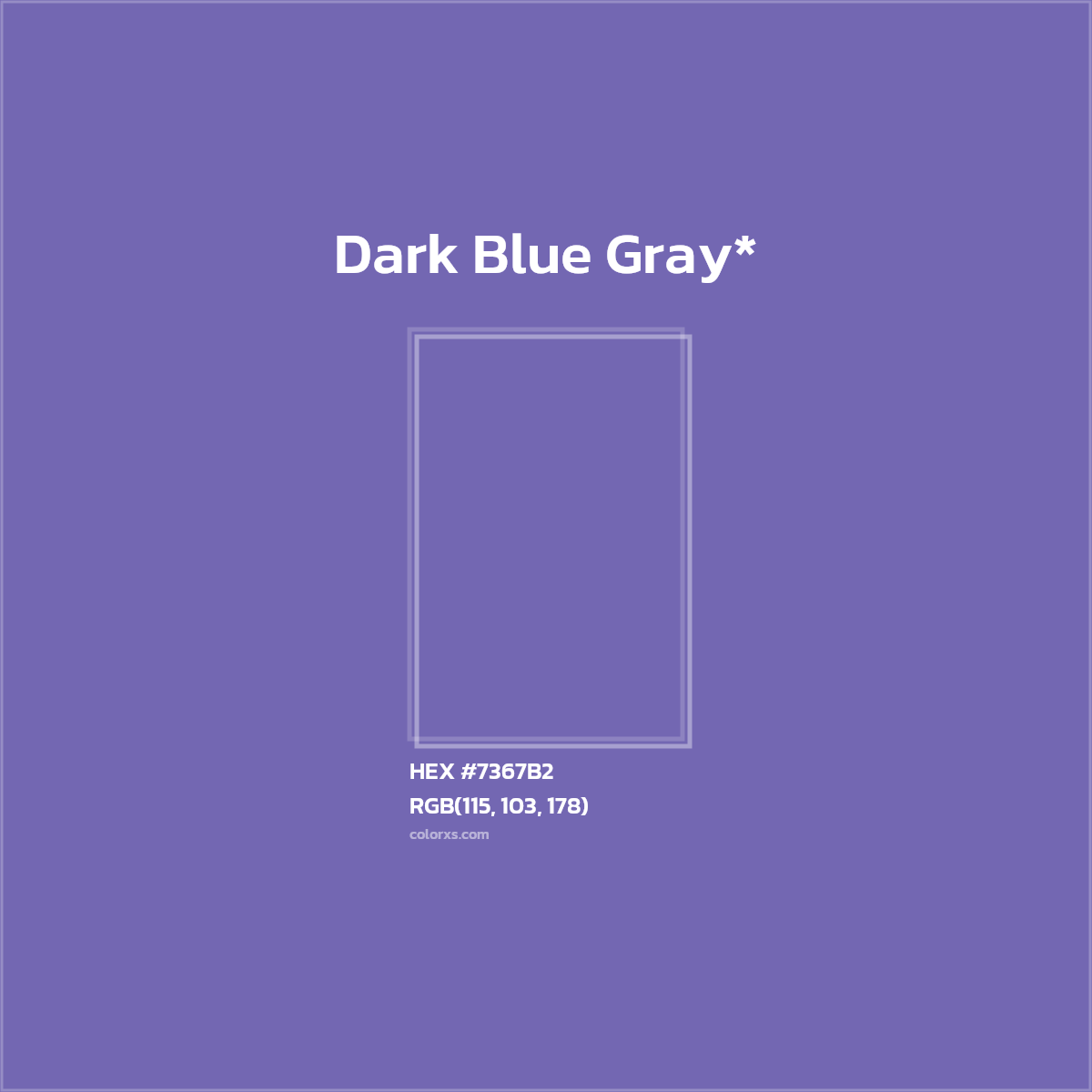 #7367B2 hex color. RGB, RYB, CMYK, HSL, HSV codes and color conversions. Matching color names, palettes, paints.
