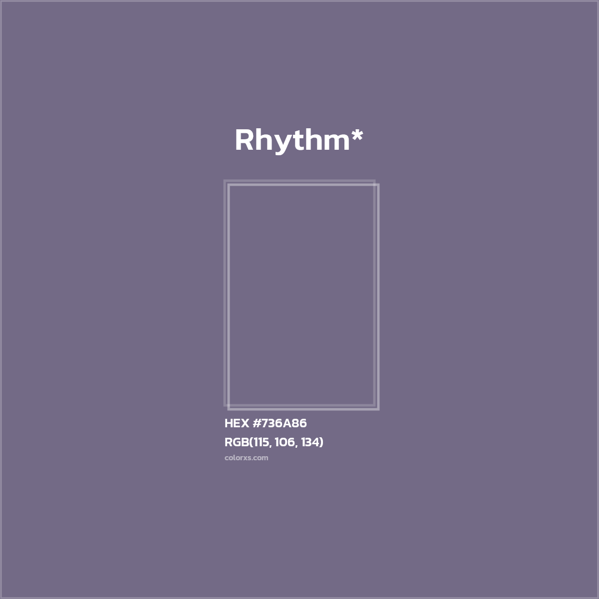 #736A86 hex color. RGB, RYB, CMYK, HSL, HSV codes and color conversions. Matching color names, palettes, paints.