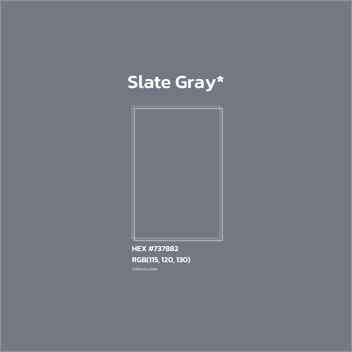 #737882 hex color. RGB, RYB, CMYK, HSL, HSV codes and color conversions. Matching color names, palettes, paints.