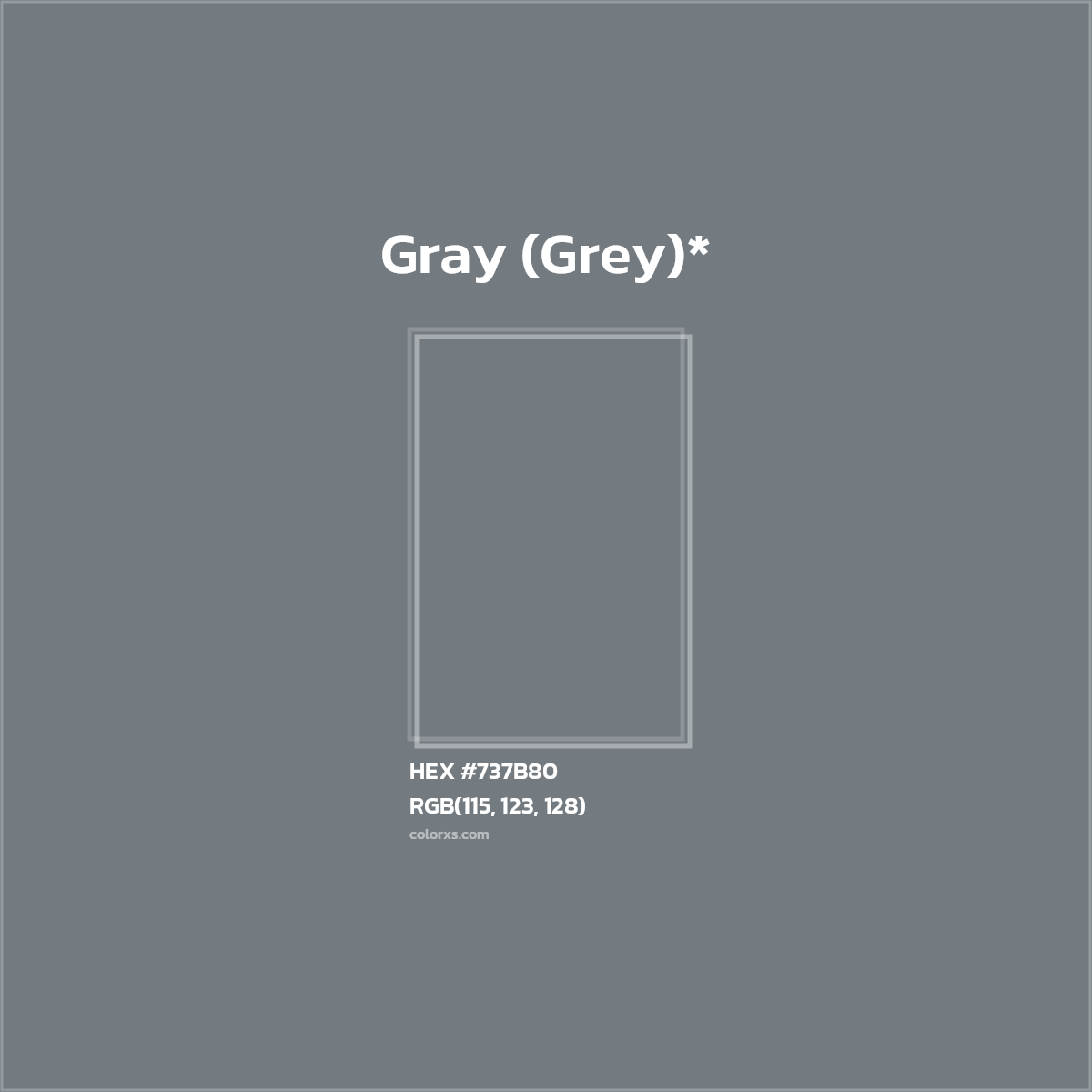 #737B80 hex color. RGB, RYB, CMYK, HSL, HSV codes and color conversions. Matching color names, palettes, paints.