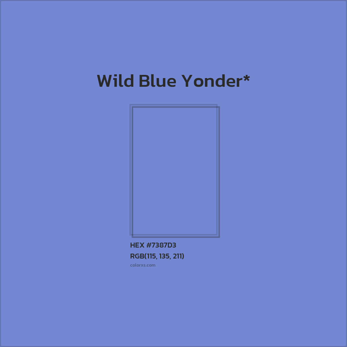 #7387D3 hex color. RGB, RYB, CMYK, HSL, HSV codes and color conversions. Matching color names, palettes, paints.