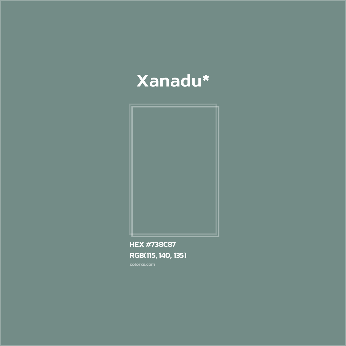 #738C87 hex color. RGB, RYB, CMYK, HSL, HSV codes and color conversions. Matching color names, palettes, paints.