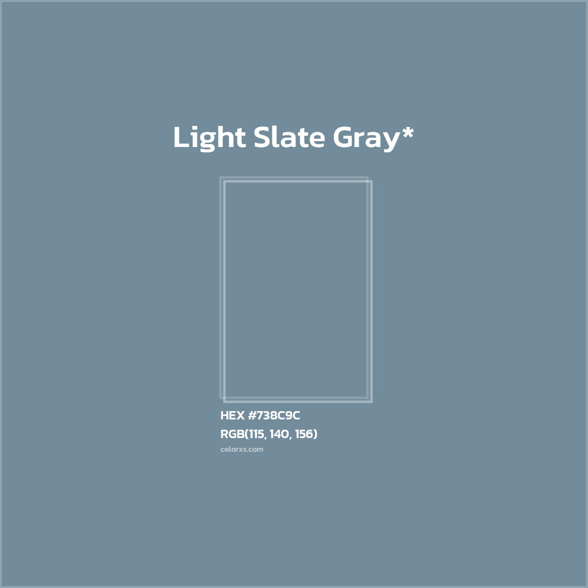 #738C9C hex color. RGB, RYB, CMYK, HSL, HSV codes and color conversions. Matching color names, palettes, paints.