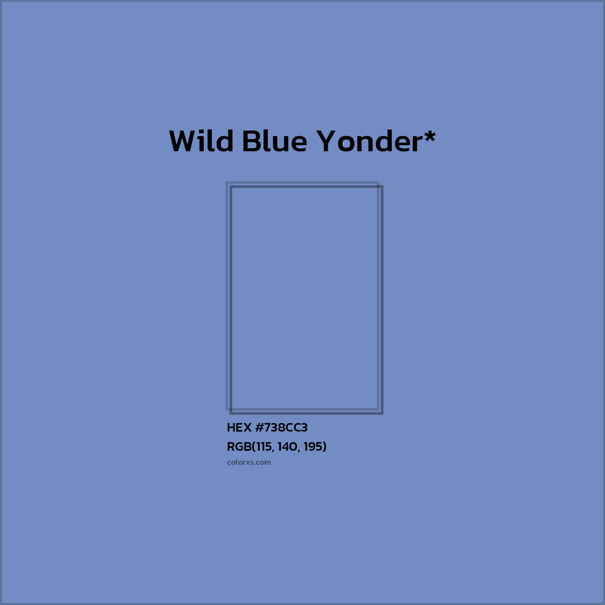 #738CC3 hex color. RGB, RYB, CMYK, HSL, HSV codes and color conversions. Matching color names, palettes, paints.
