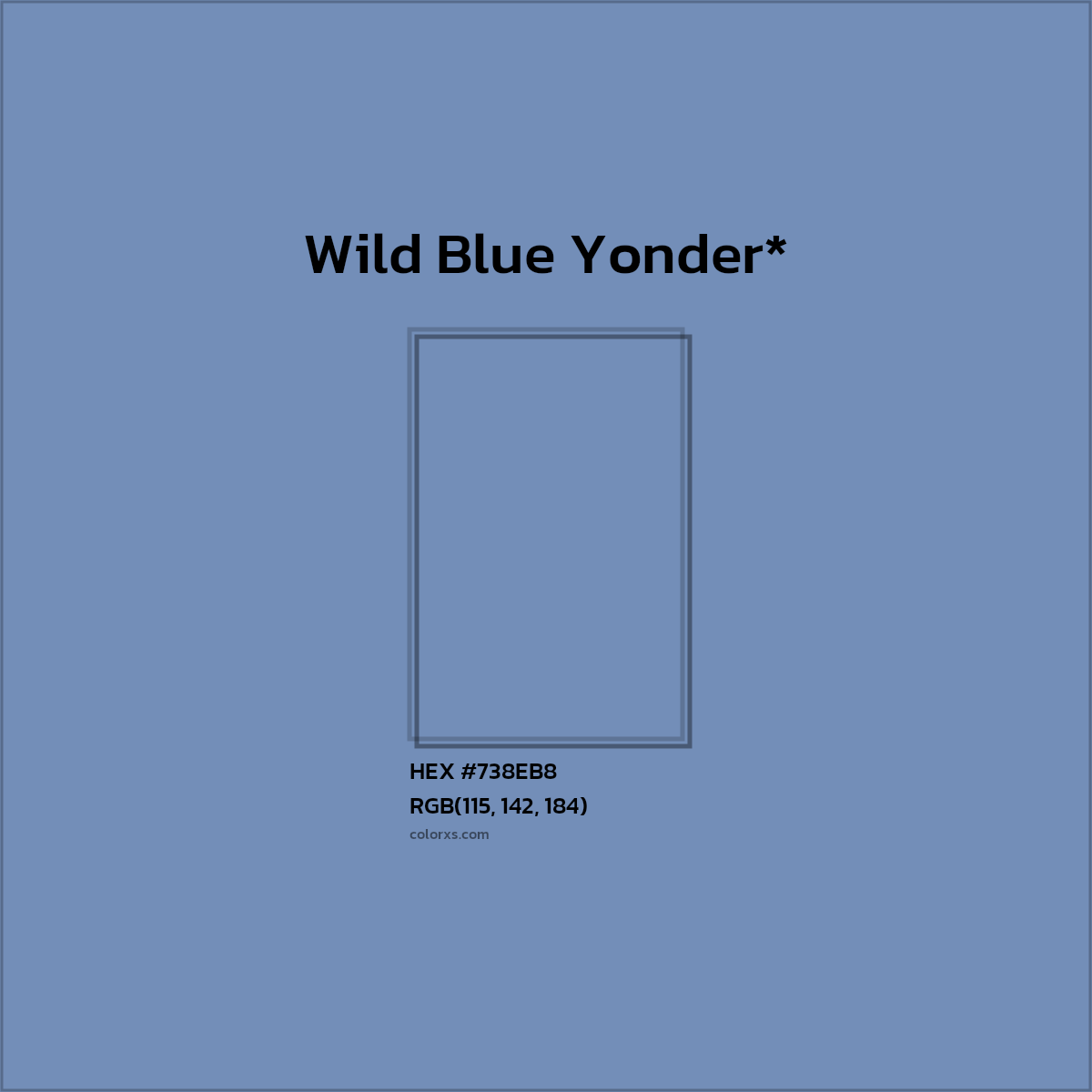 #738EB8 hex color. RGB, RYB, CMYK, HSL, HSV codes and color conversions. Matching color names, palettes, paints.