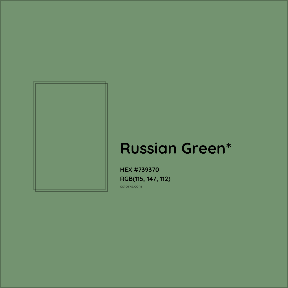 #739370 hex color. RGB, RYB, CMYK, HSL, HSV codes and color conversions. Matching color names, palettes, paints.