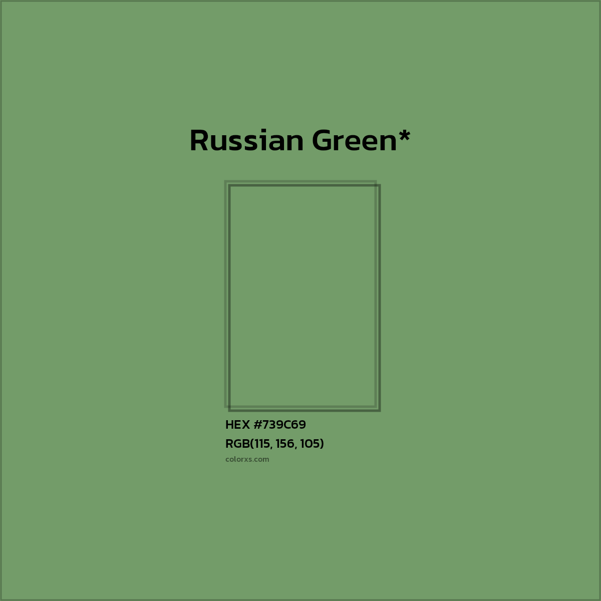 #739C69 hex color. RGB, RYB, CMYK, HSL, HSV codes and color conversions. Matching color names, palettes, paints.