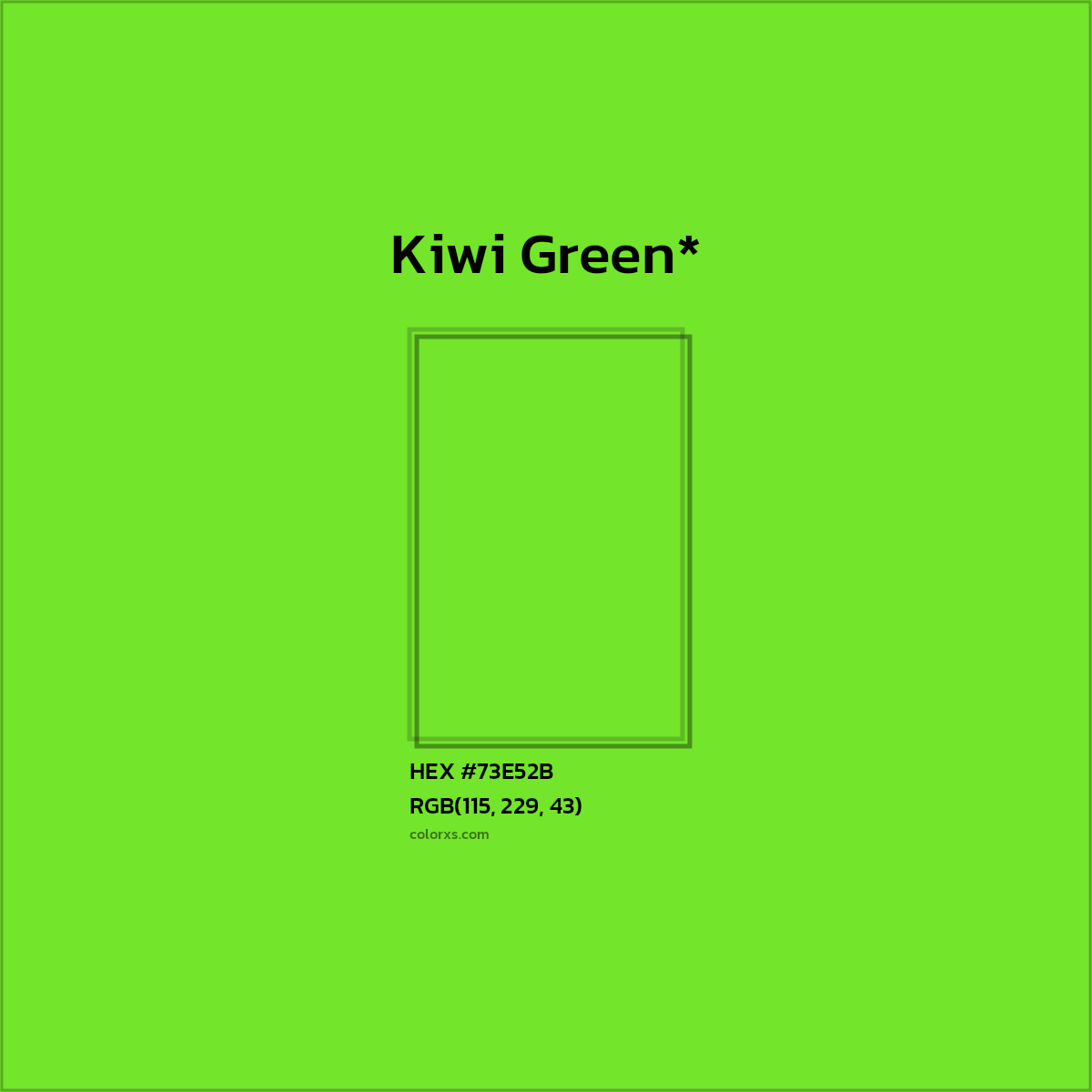 #73E52B hex color. RGB, RYB, CMYK, HSL, HSV codes and color conversions. Matching color names, palettes, paints.