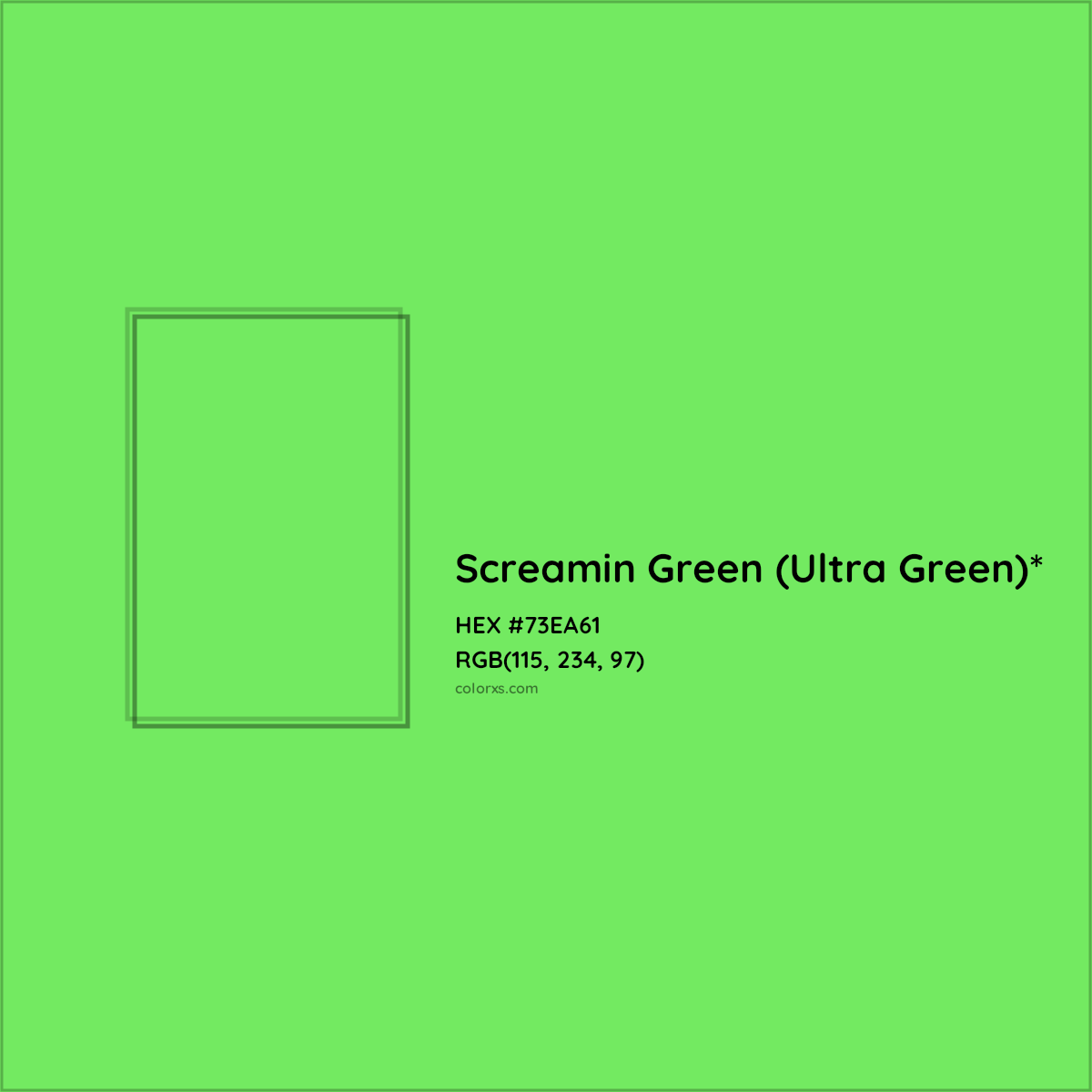 #73EA61 hex color. RGB, RYB, CMYK, HSL, HSV codes and color conversions. Matching color names, palettes, paints.