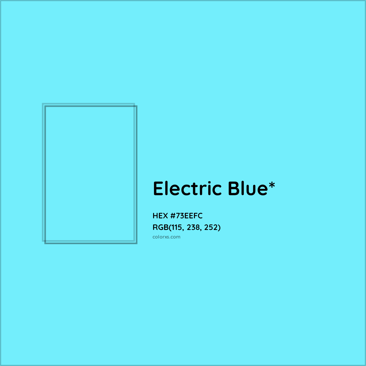 #73EEFC hex color. RGB, RYB, CMYK, HSL, HSV codes and color conversions. Matching color names, palettes, paints.