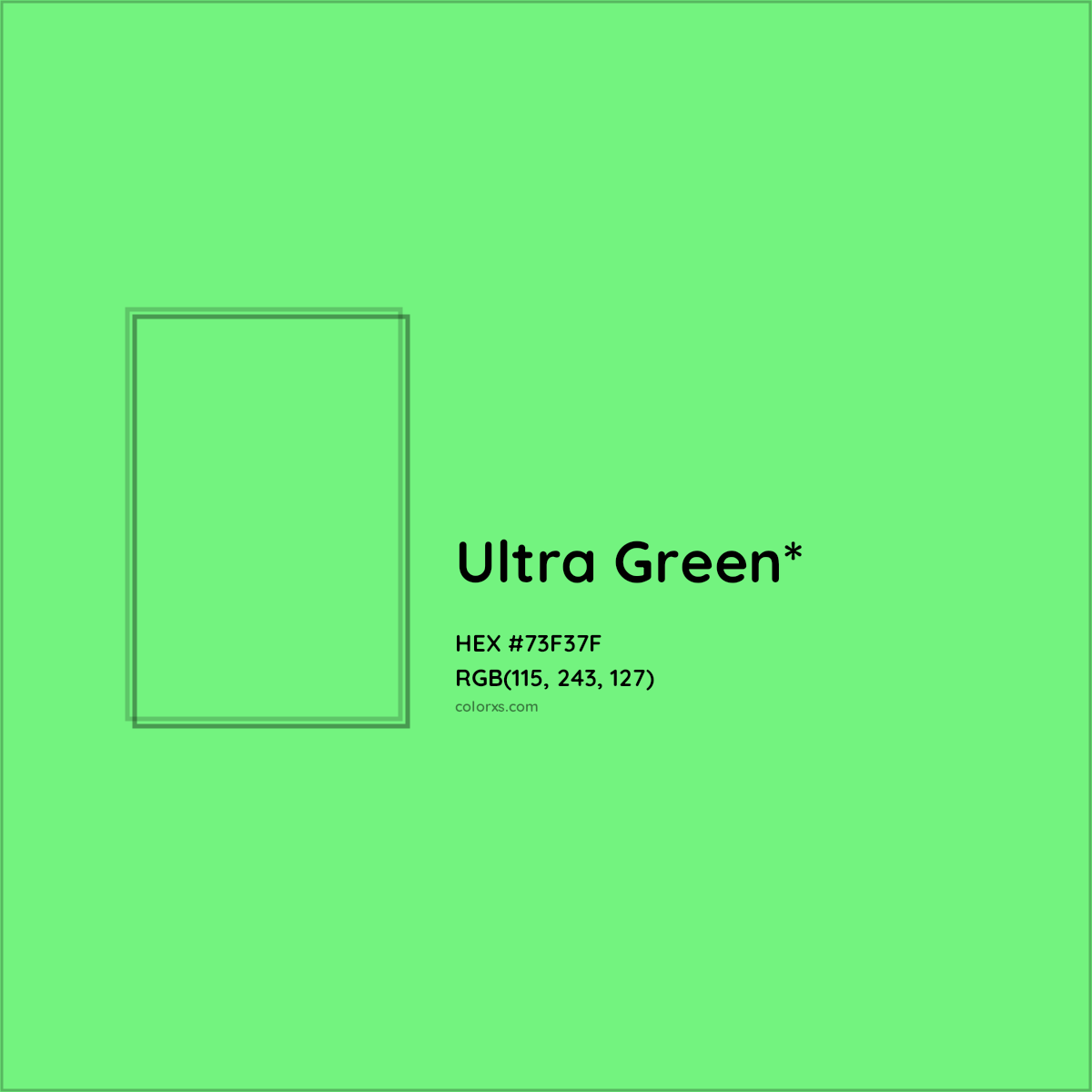 #73F37F hex color. RGB, RYB, CMYK, HSL, HSV codes and color conversions. Matching color names, palettes, paints.