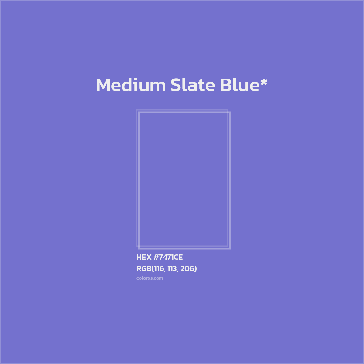 #7471CE hex color. RGB, RYB, CMYK, HSL, HSV codes and color conversions. Matching color names, palettes, paints.