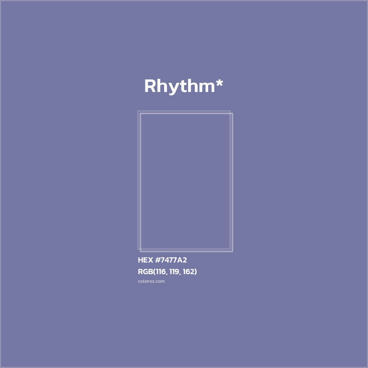 #7477A2 hex color. RGB, RYB, CMYK, HSL, HSV codes and color conversions. Matching color names, palettes, paints.