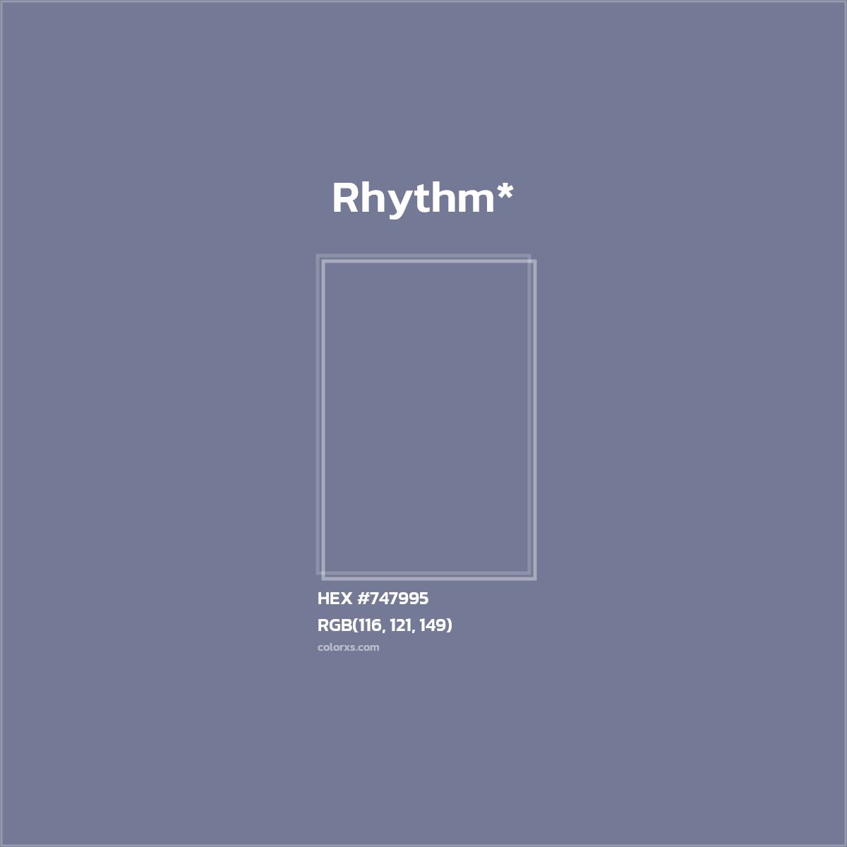 #747995 hex color. RGB, RYB, CMYK, HSL, HSV codes and color conversions. Matching color names, palettes, paints.