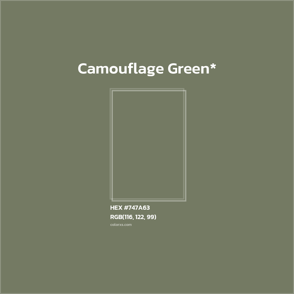 #747A63 hex color. RGB, RYB, CMYK, HSL, HSV codes and color conversions. Matching color names, palettes, paints.