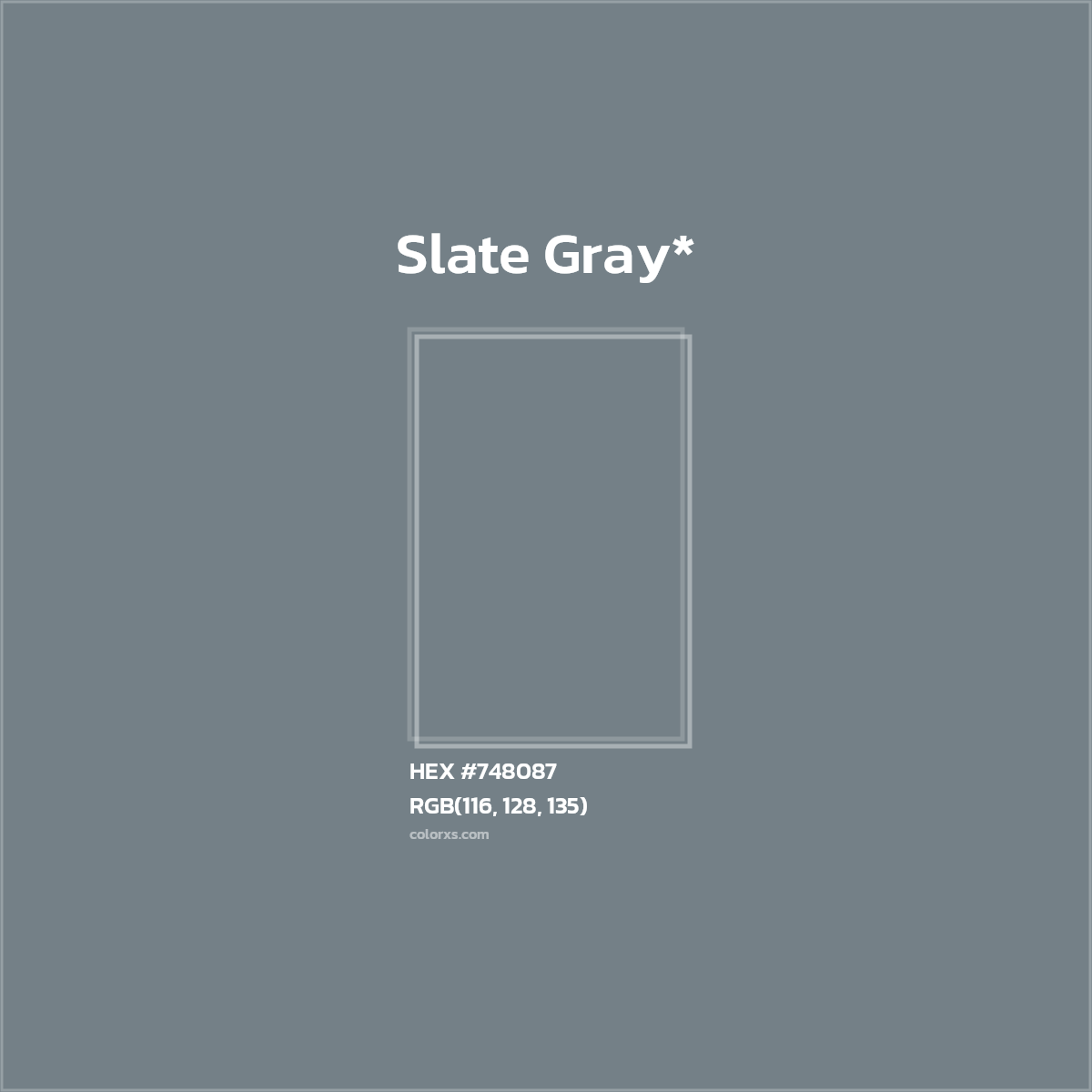 #748087 hex color. RGB, RYB, CMYK, HSL, HSV codes and color conversions. Matching color names, palettes, paints.