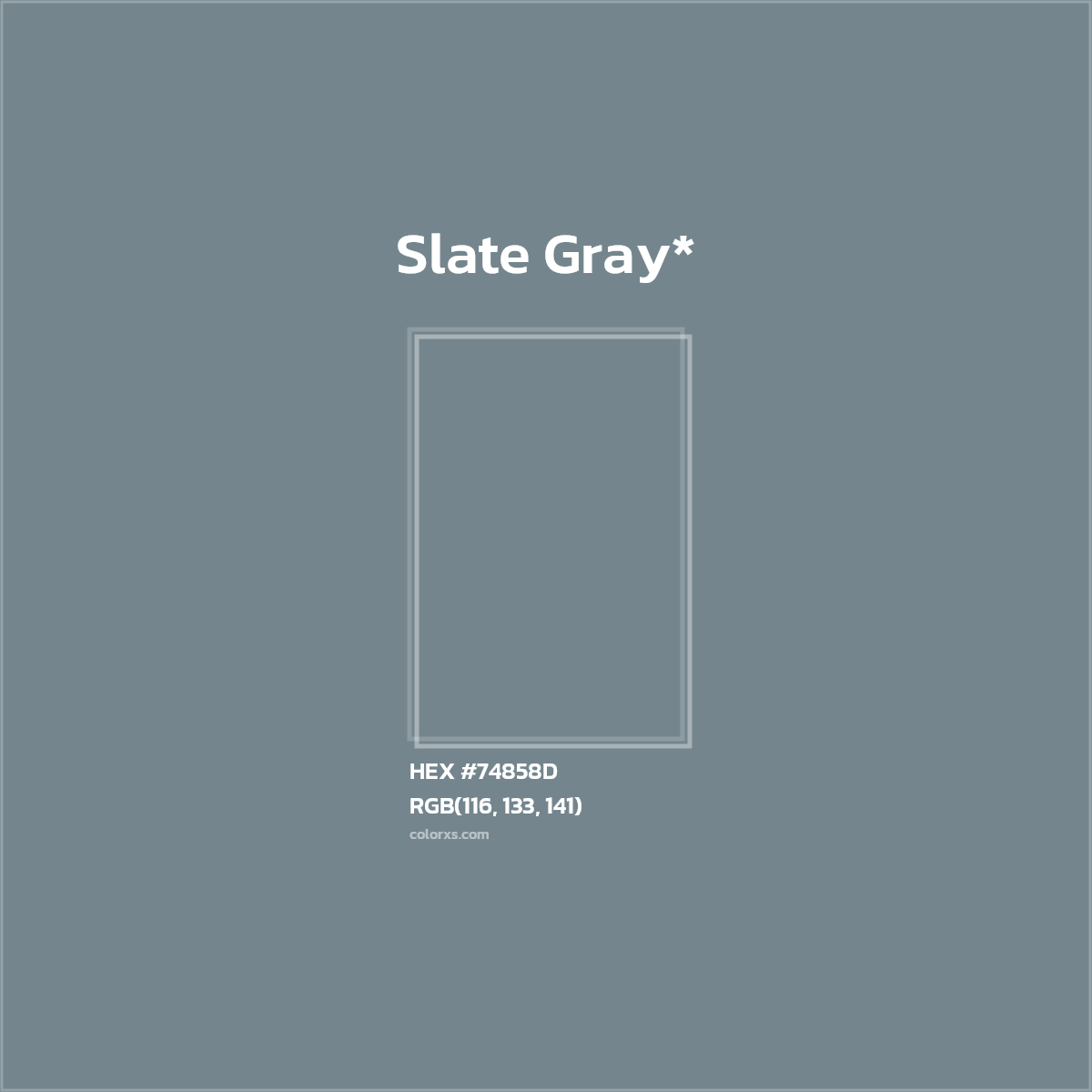 #74858D hex color. RGB, RYB, CMYK, HSL, HSV codes and color conversions. Matching color names, palettes, paints.