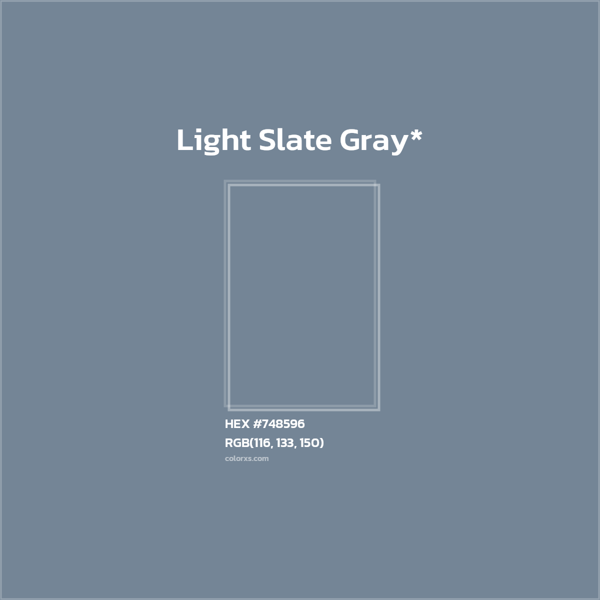 #748596 hex color. RGB, RYB, CMYK, HSL, HSV codes and color conversions. Matching color names, palettes, paints.