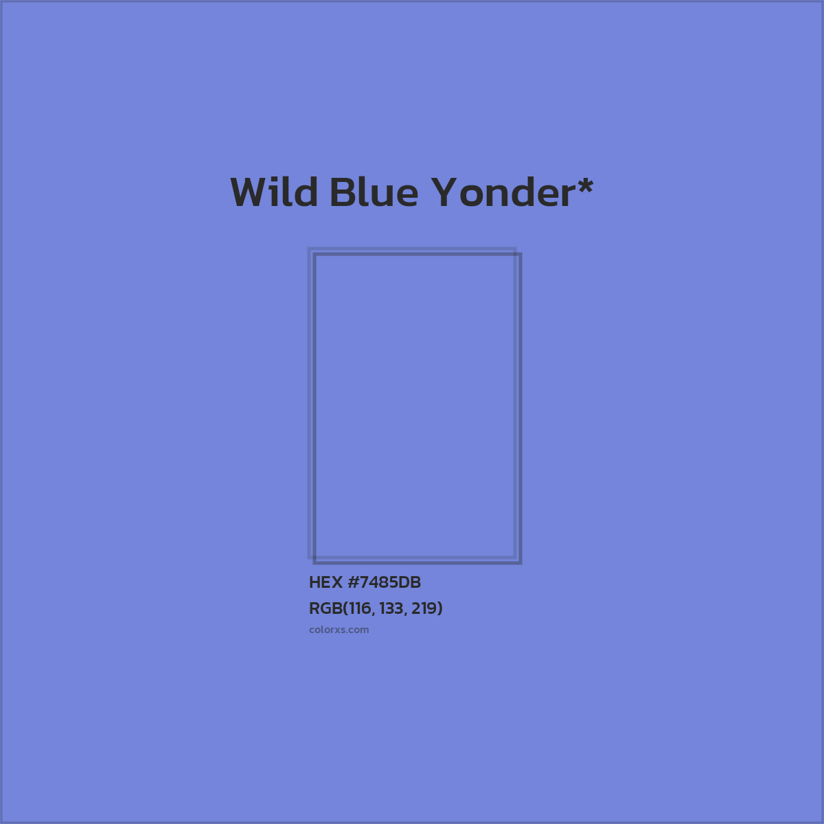 #7485DB hex color. RGB, RYB, CMYK, HSL, HSV codes and color conversions. Matching color names, palettes, paints.
