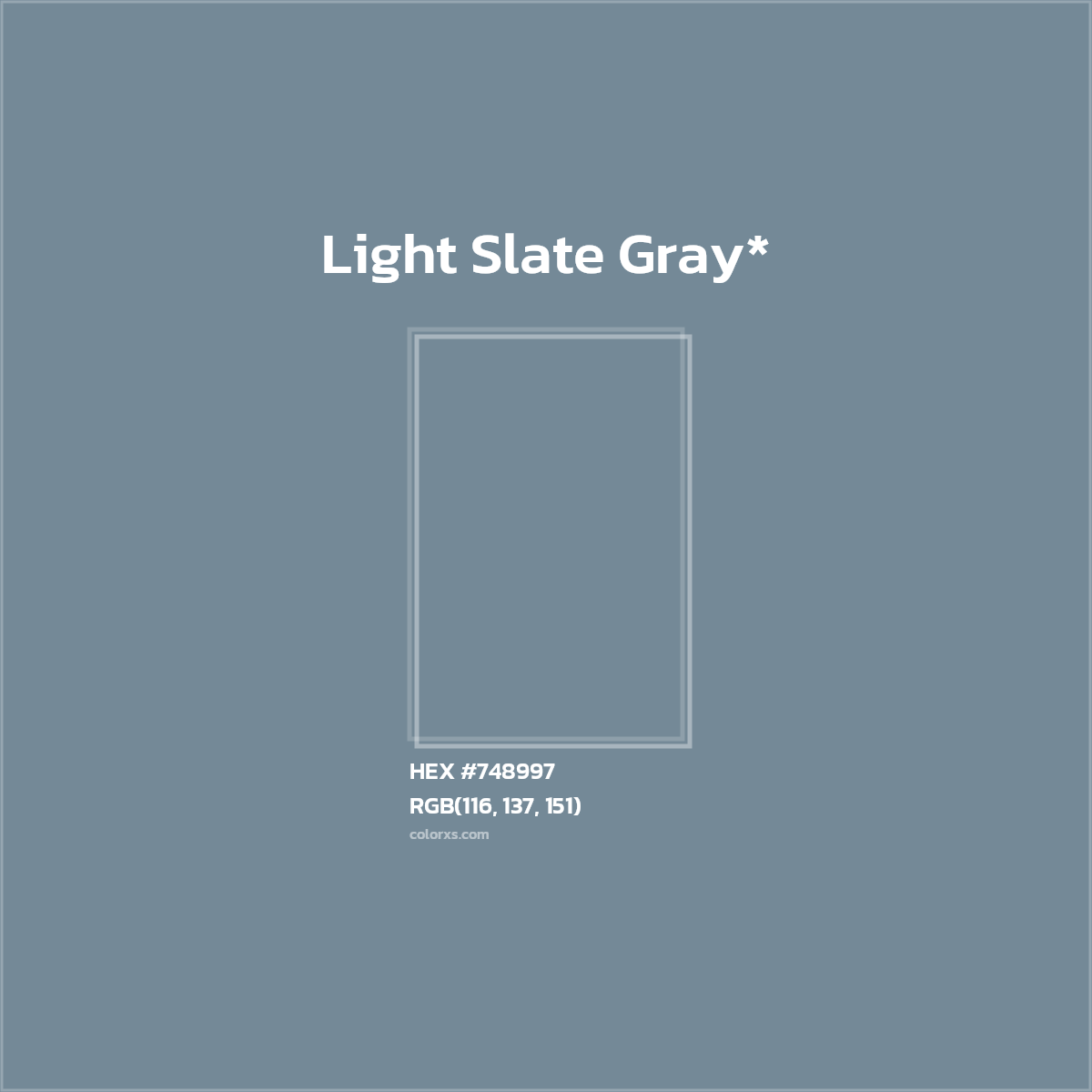 #748997 hex color. RGB, RYB, CMYK, HSL, HSV codes and color conversions. Matching color names, palettes, paints.