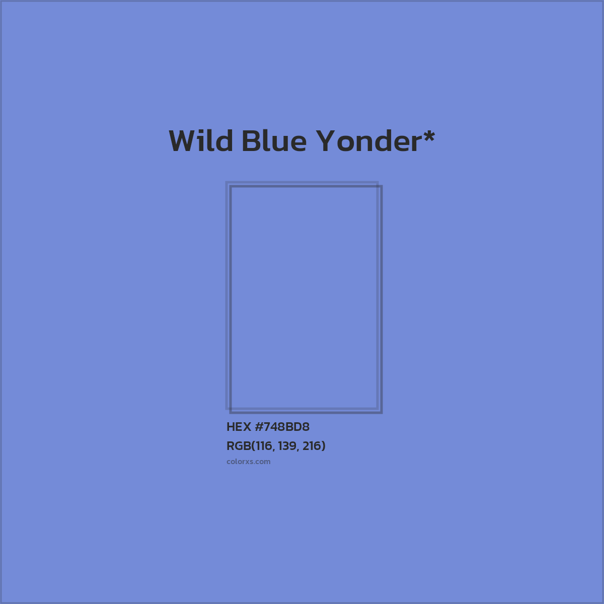#748BD8 hex color. RGB, RYB, CMYK, HSL, HSV codes and color conversions. Matching color names, palettes, paints.