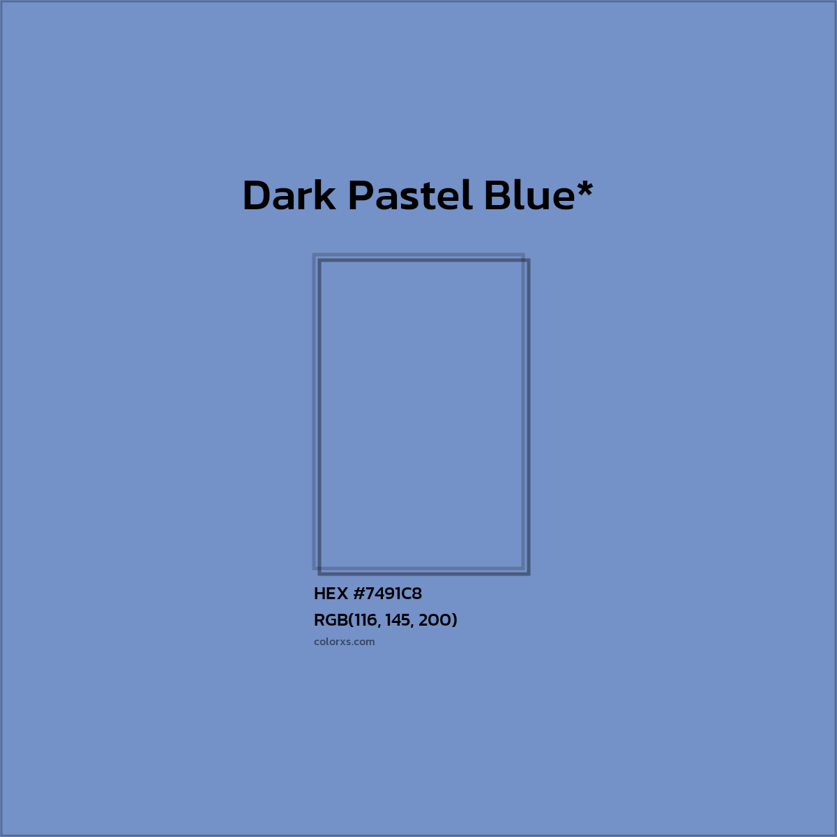 #7491C8 hex color. RGB, RYB, CMYK, HSL, HSV codes and color conversions. Matching color names, palettes, paints.