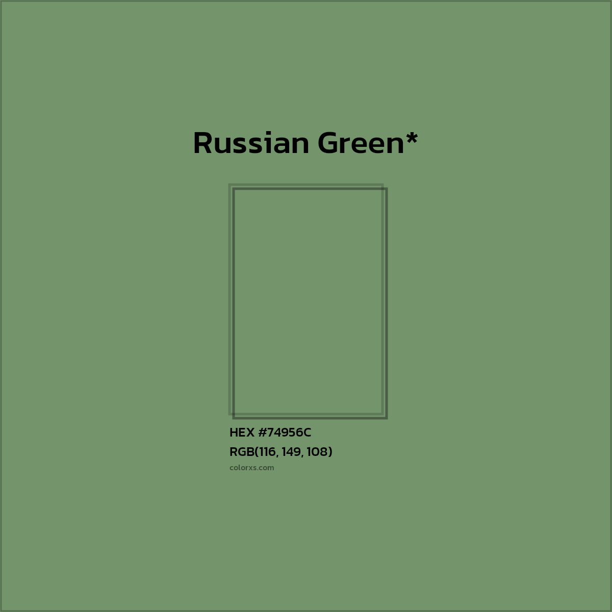 #74956C hex color. RGB, RYB, CMYK, HSL, HSV codes and color conversions. Matching color names, palettes, paints.