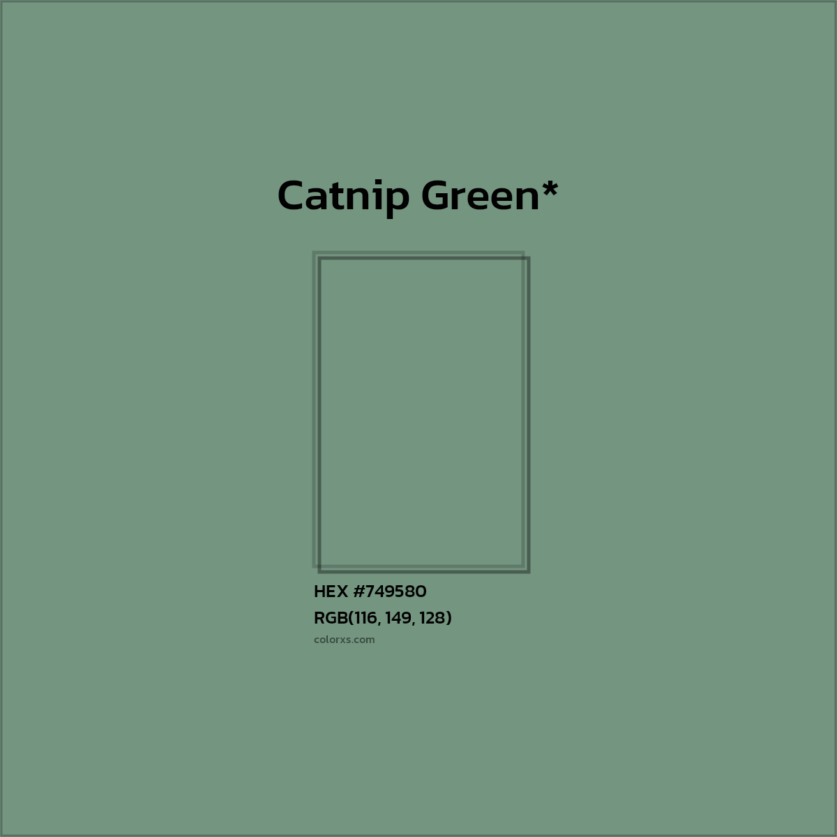 #749580 hex color. RGB, RYB, CMYK, HSL, HSV codes and color conversions. Matching color names, palettes, paints.