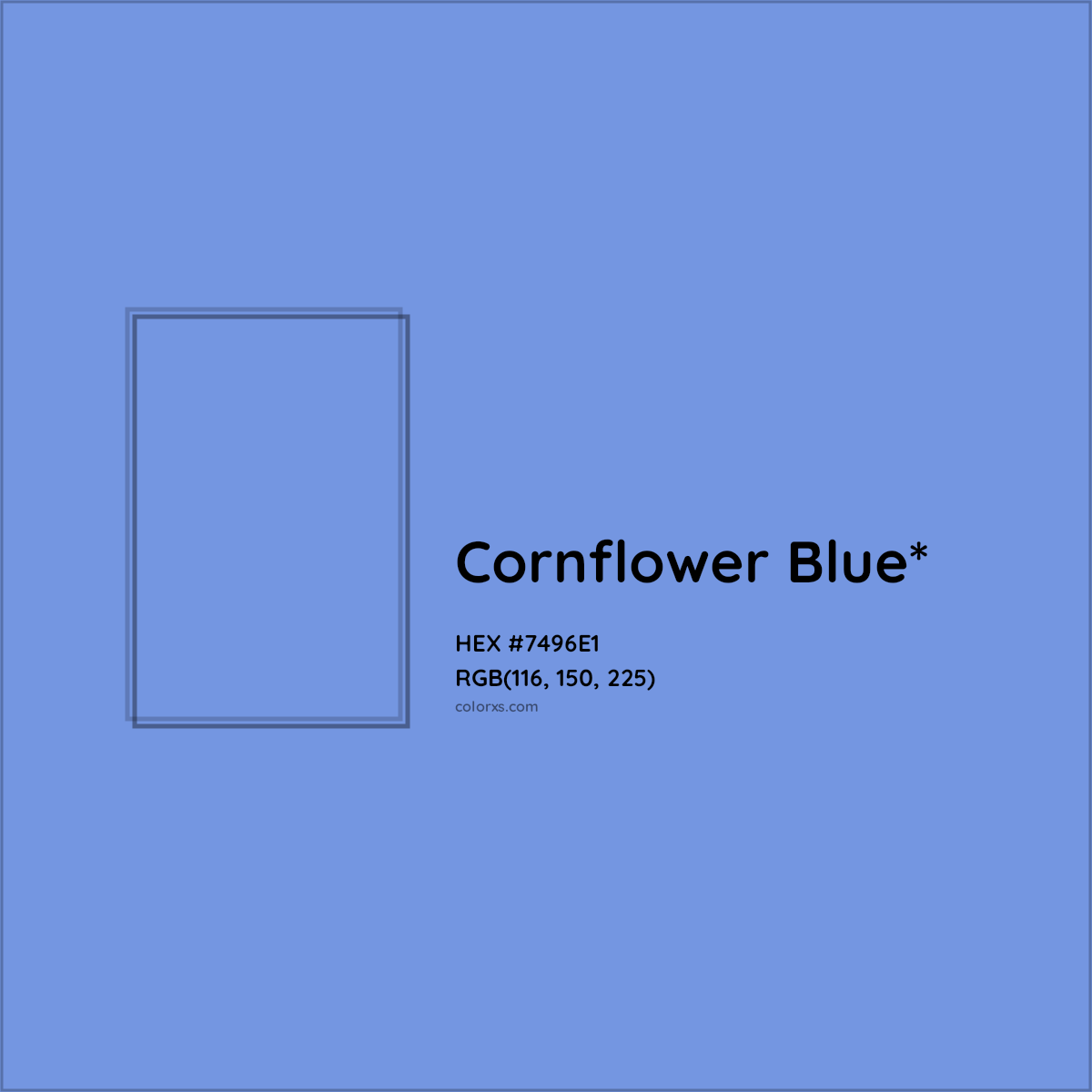 #7496E1 hex color. RGB, RYB, CMYK, HSL, HSV codes and color conversions. Matching color names, palettes, paints.