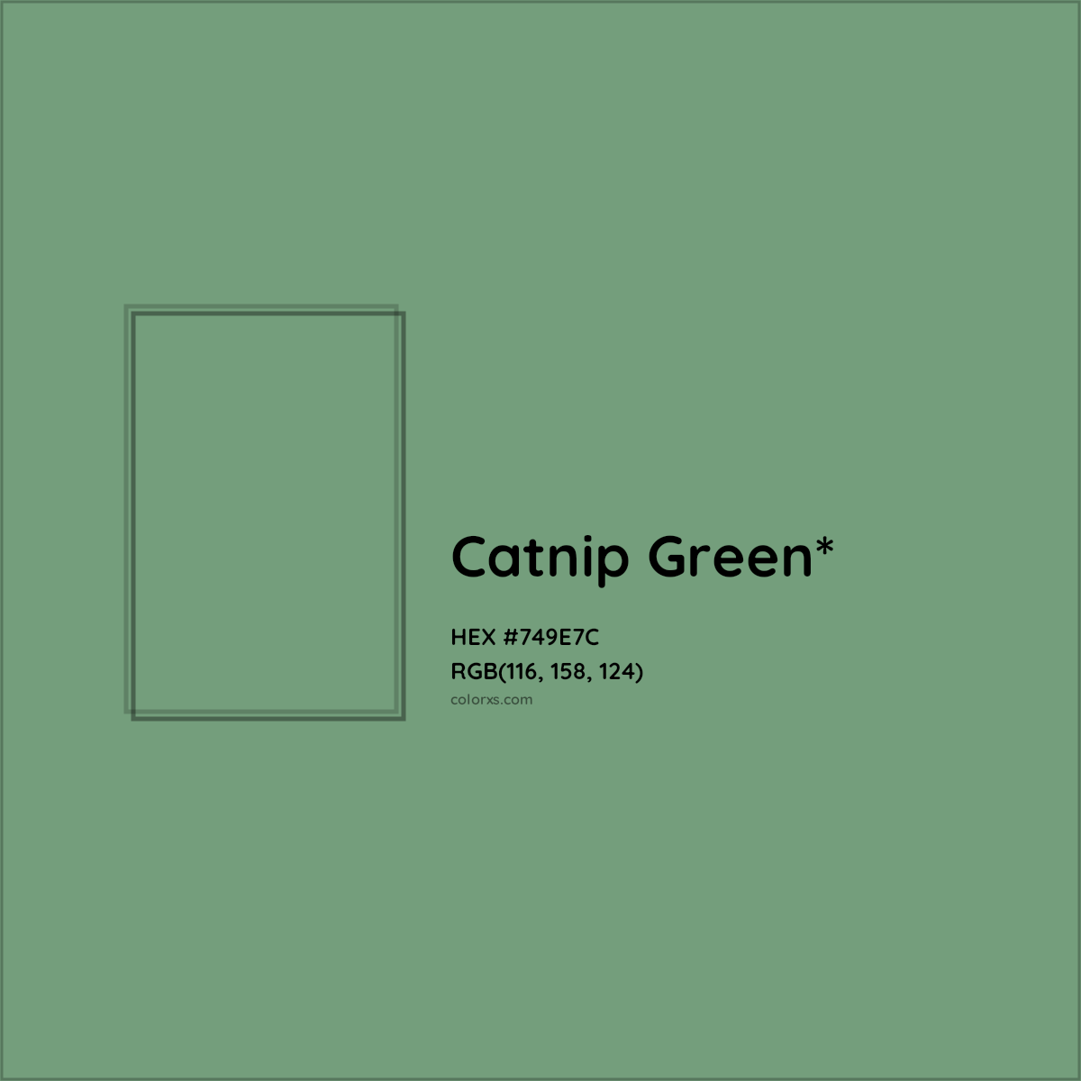 #749E7C hex color. RGB, RYB, CMYK, HSL, HSV codes and color conversions. Matching color names, palettes, paints.