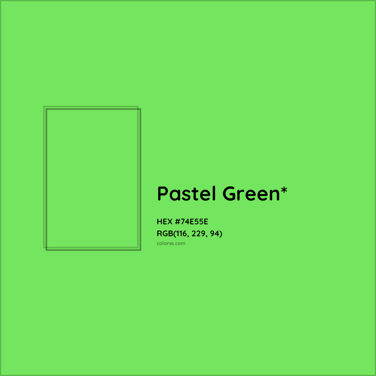 #74E55E hex color. RGB, RYB, CMYK, HSL, HSV codes and color conversions. Matching color names, palettes, paints.