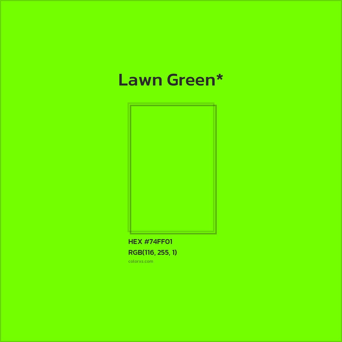 #74FF01 hex color. RGB, RYB, CMYK, HSL, HSV codes and color conversions. Matching color names, palettes, paints.