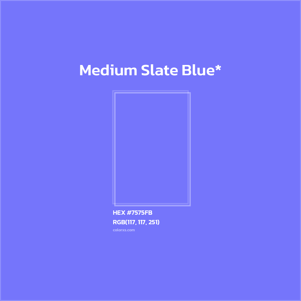 #7575FB hex color. RGB, RYB, CMYK, HSL, HSV codes and color conversions. Matching color names, palettes, paints.