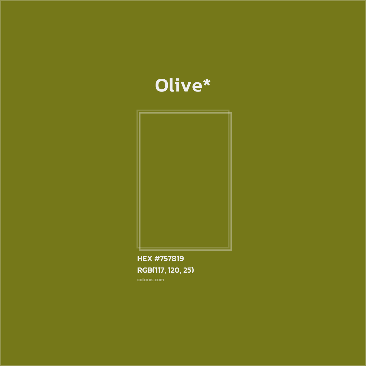 #757819 hex color. RGB, RYB, CMYK, HSL, HSV codes and color conversions. Matching color names, palettes, paints.