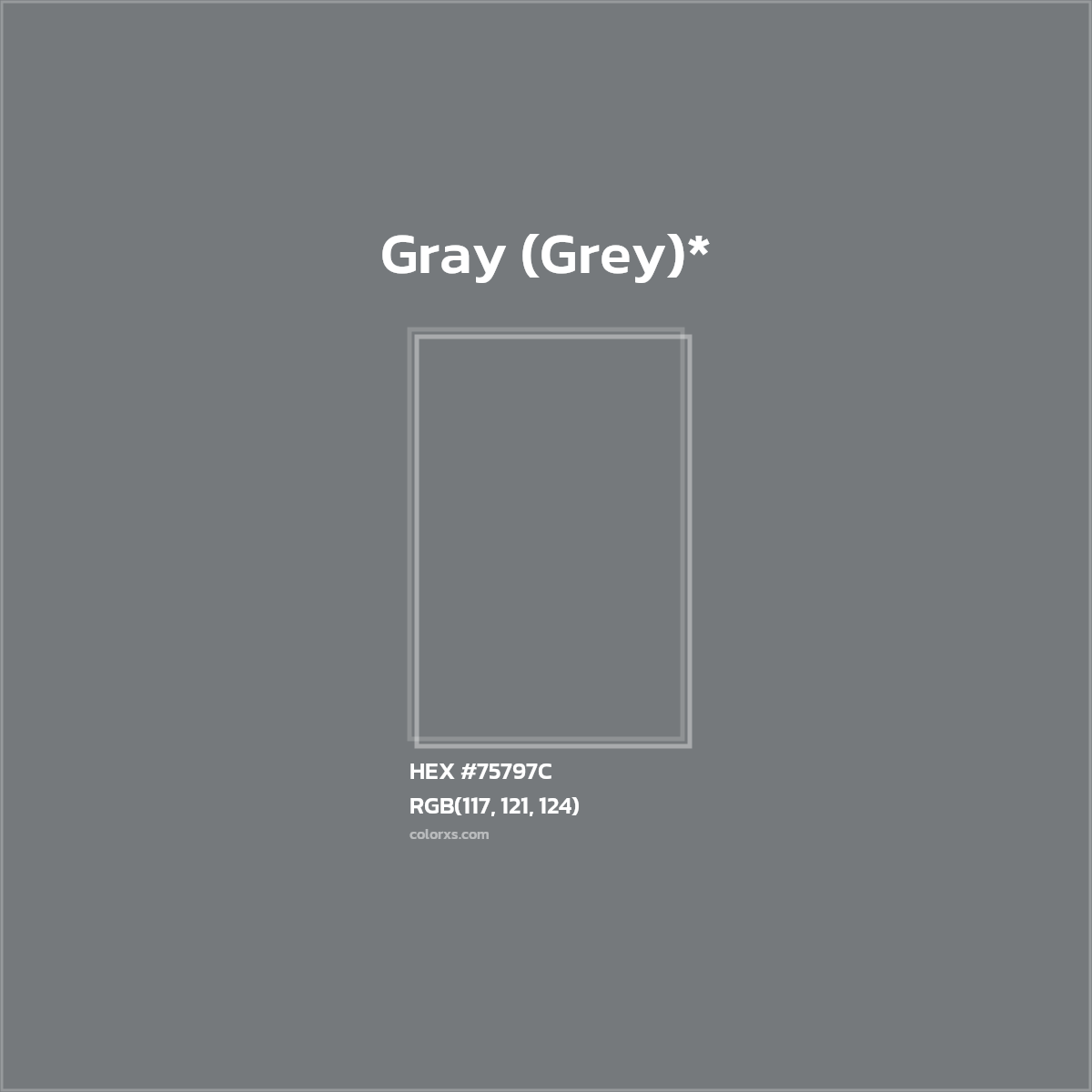 #75797C hex color. RGB, RYB, CMYK, HSL, HSV codes and color conversions. Matching color names, palettes, paints.