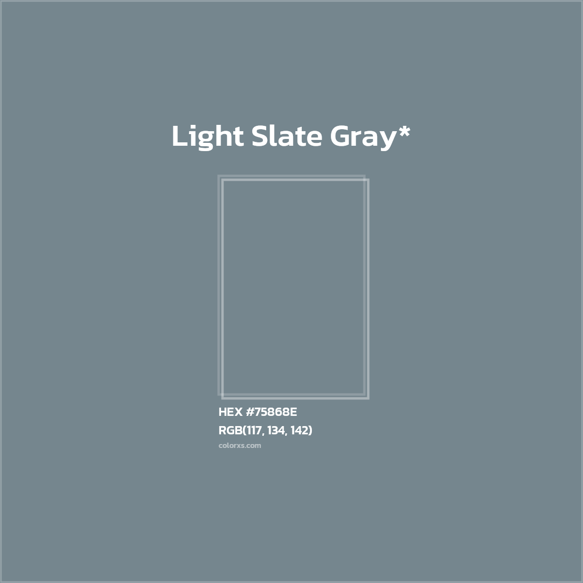 #75868E hex color. RGB, RYB, CMYK, HSL, HSV codes and color conversions. Matching color names, palettes, paints.