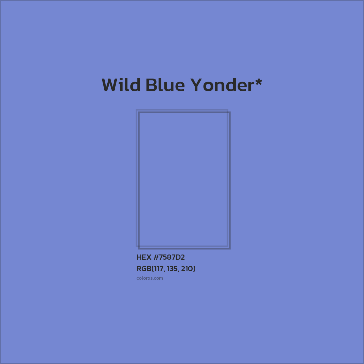 #7587D2 hex color. RGB, RYB, CMYK, HSL, HSV codes and color conversions. Matching color names, palettes, paints.
