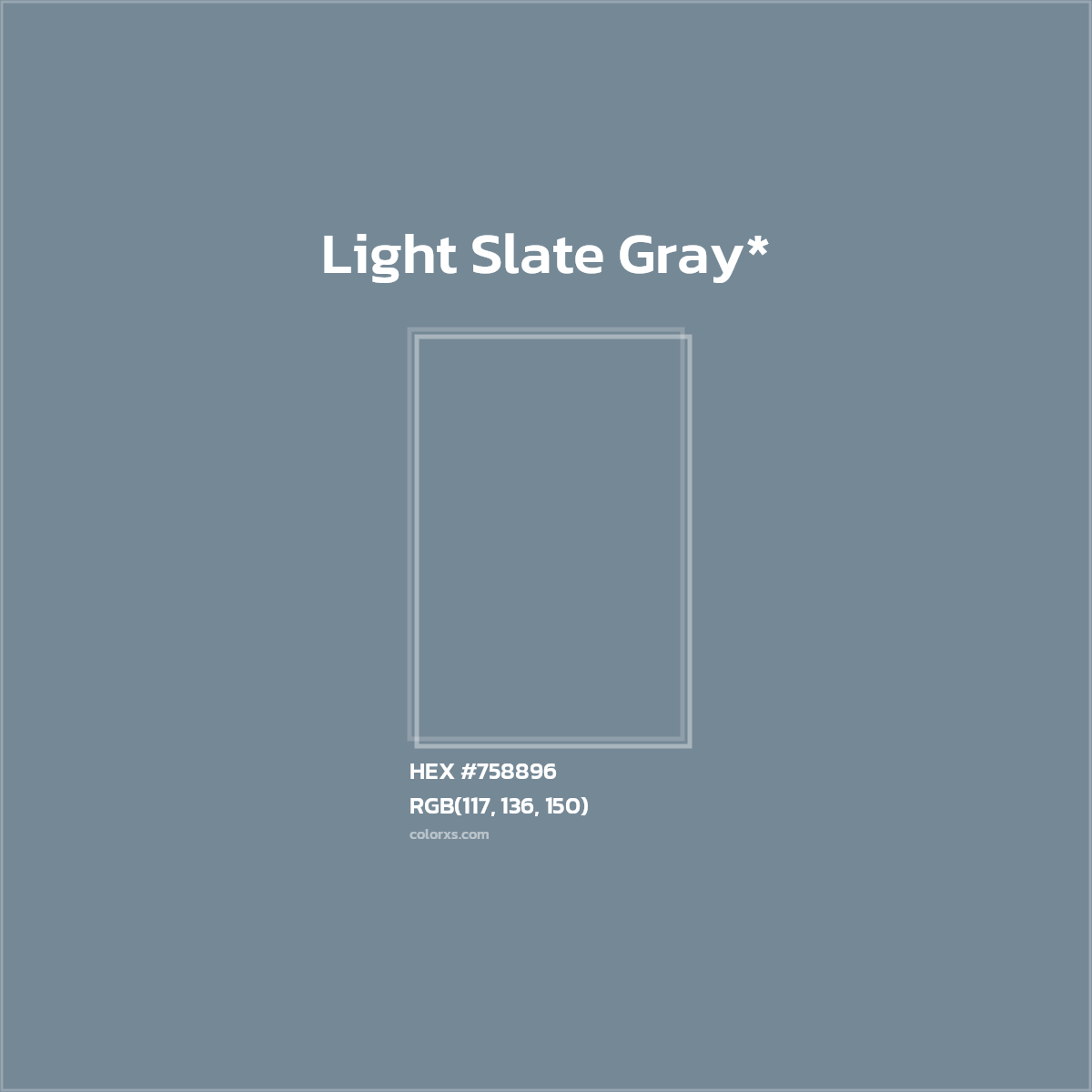 #758896 hex color. RGB, RYB, CMYK, HSL, HSV codes and color conversions. Matching color names, palettes, paints.