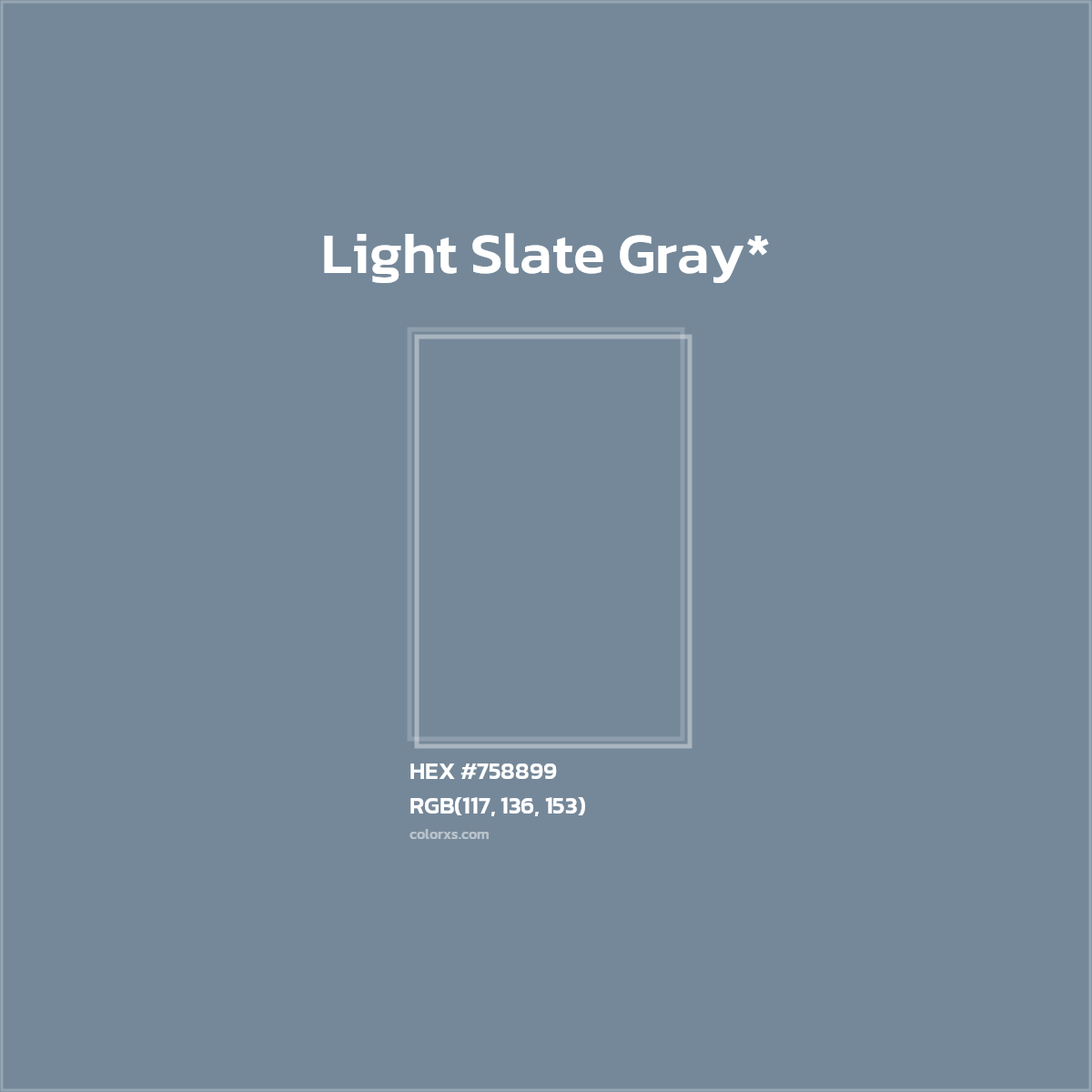 #758899 hex color. RGB, RYB, CMYK, HSL, HSV codes and color conversions. Matching color names, palettes, paints.