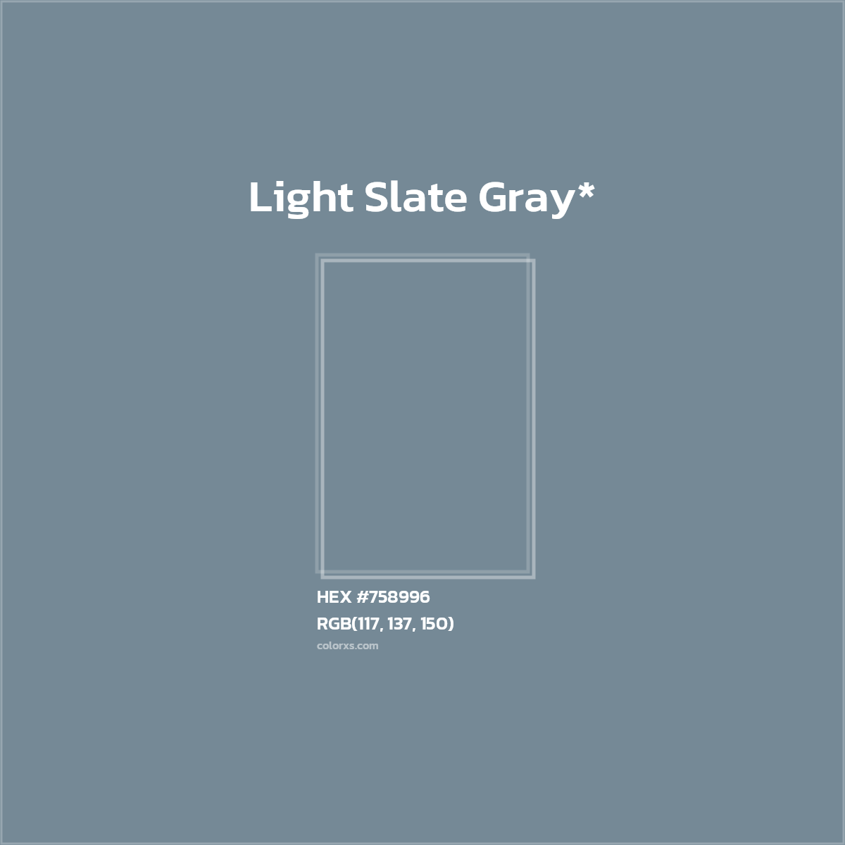 #758996 hex color. RGB, RYB, CMYK, HSL, HSV codes and color conversions. Matching color names, palettes, paints.