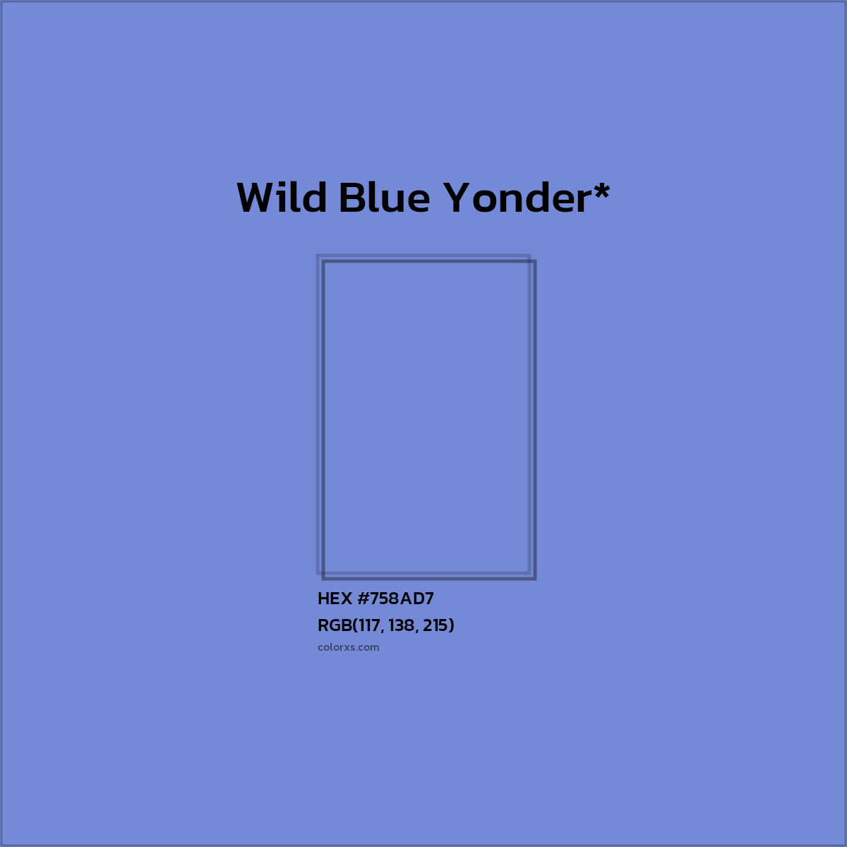 #758AD7 hex color. RGB, RYB, CMYK, HSL, HSV codes and color conversions. Matching color names, palettes, paints.