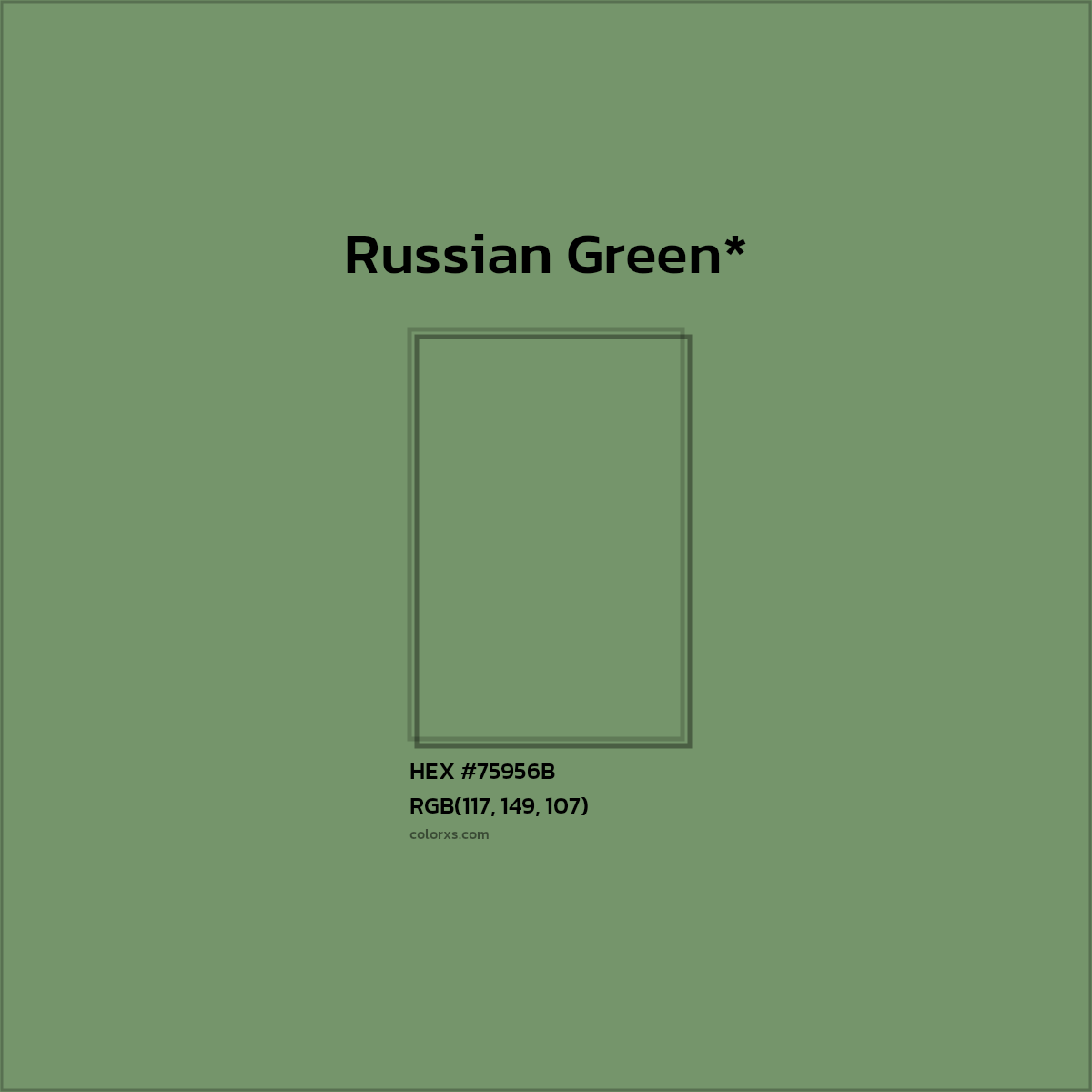 #75956B hex color. RGB, RYB, CMYK, HSL, HSV codes and color conversions. Matching color names, palettes, paints.