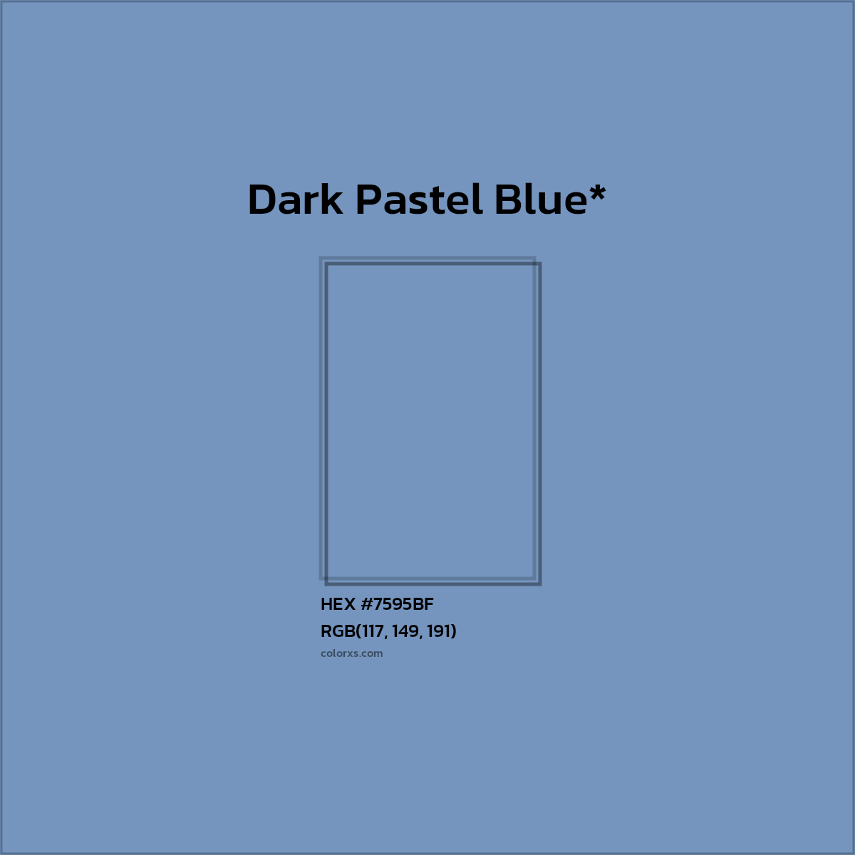 #7595BF hex color. RGB, RYB, CMYK, HSL, HSV codes and color conversions. Matching color names, palettes, paints.