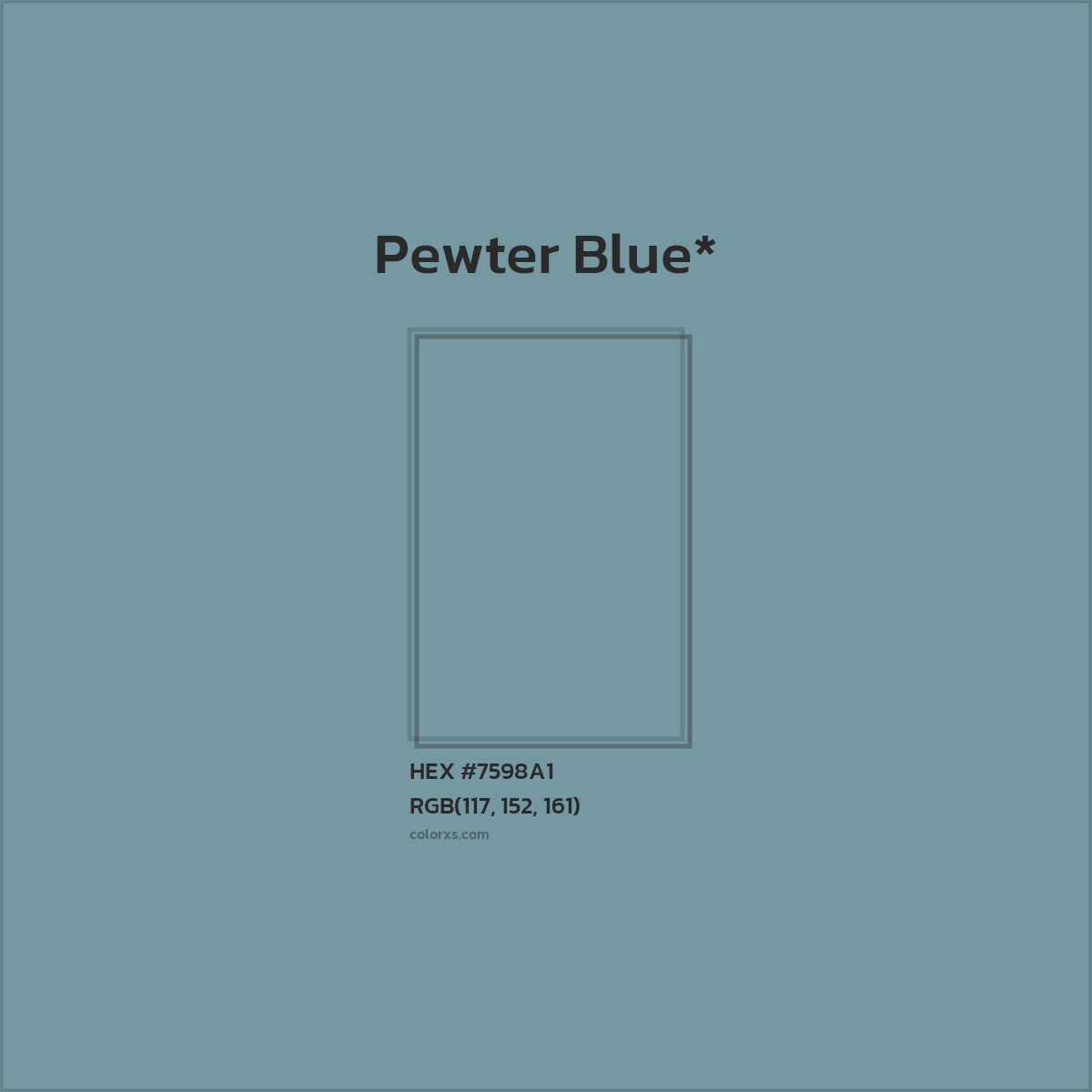 #7598A1 hex color. RGB, RYB, CMYK, HSL, HSV codes and color conversions. Matching color names, palettes, paints.