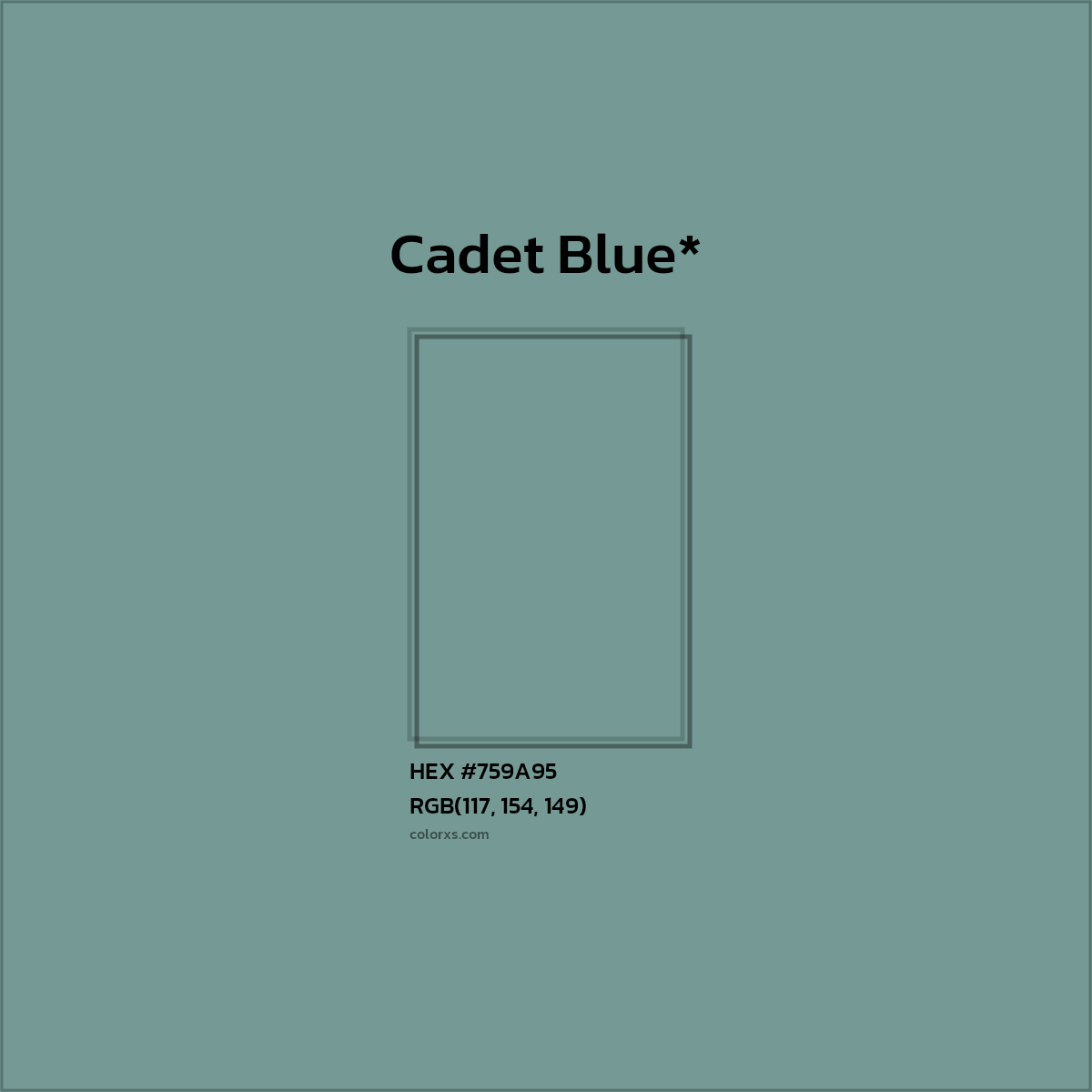#759A95 hex color. RGB, RYB, CMYK, HSL, HSV codes and color conversions. Matching color names, palettes, paints.